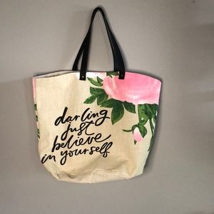 Burlap Bag Beach Bag XL Pink/Green Floral “Darling just believe in yourself”